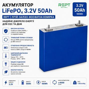 Акумулятор LiFePO4 3.2V 50Ah REPT | Літій-залізо-фосфатна комірка для СЕС та ДБЖ (Призматик) 17830 фото