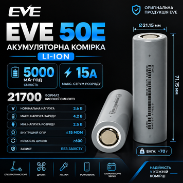 Акумулятор Li-ion EVE INR21700-50E 5000 мАч 15 А 17537 фото